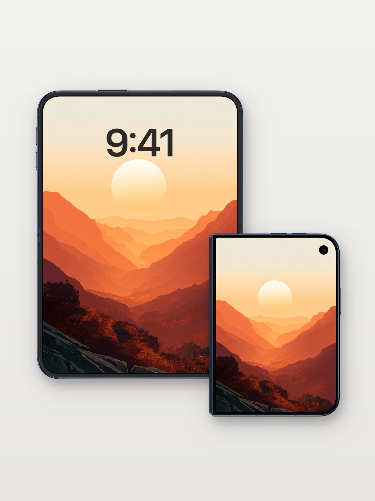 Serenity Sunset Wallpaper with Golden Hues on iPhone Duo, open and closed