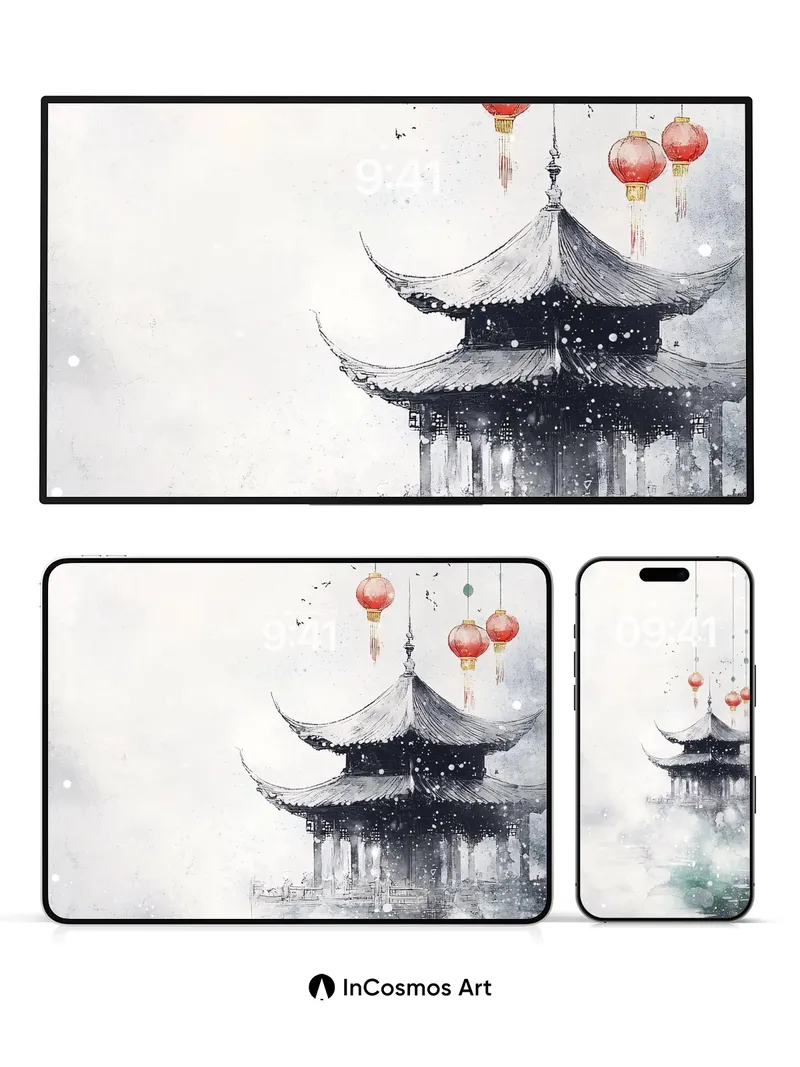 Snowfall Serenity Wallpaper with Hanging Lanterns