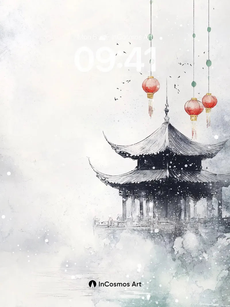 Snowfall Serenity Wallpaper with Hanging Lanterns