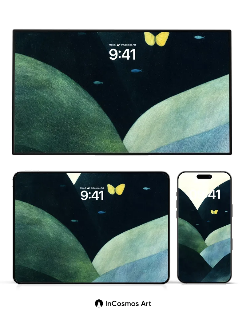 Surreal Valley Wallpaper with Floating Butterflies