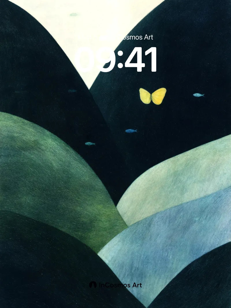 Surreal Valley Wallpaper with Floating Butterflies