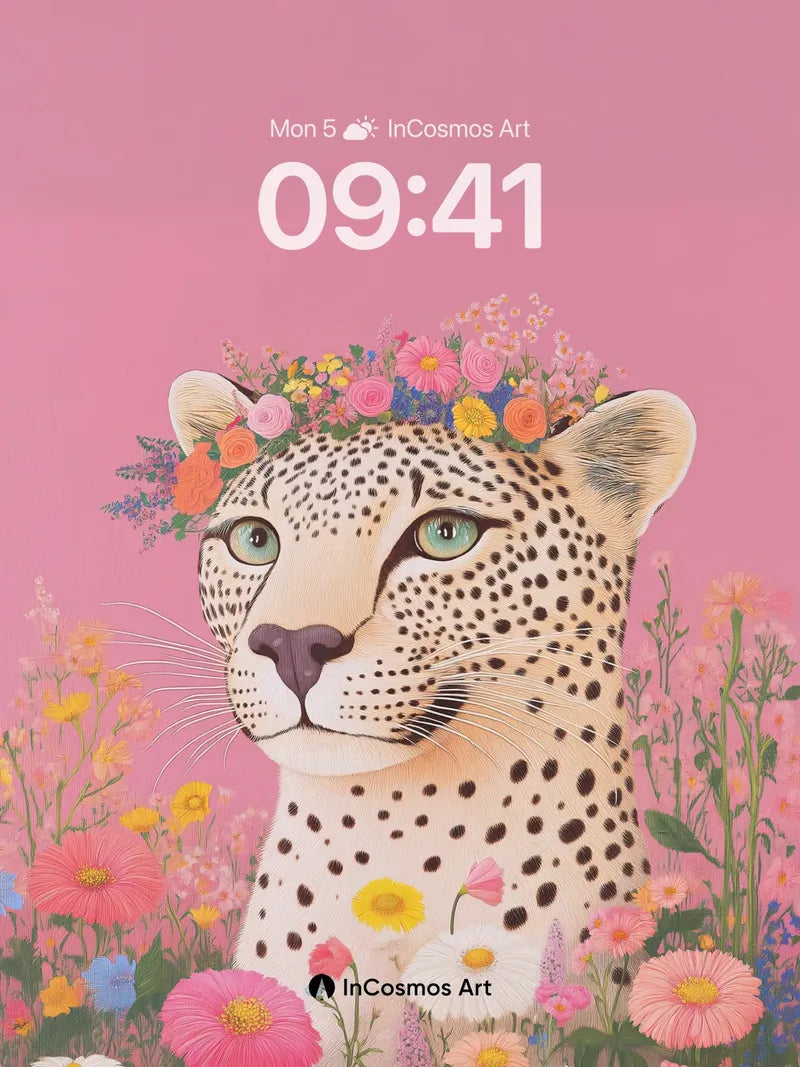 Surreal Cheetah Wallpaper with Floral Crown wallpaper for iPhone, iPad & Mac