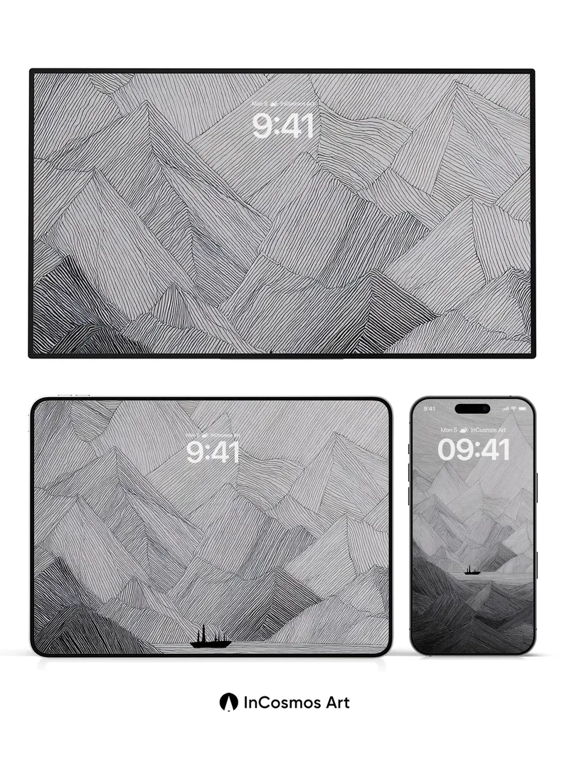 Silent Peaks Wallpaper with Inked Lines