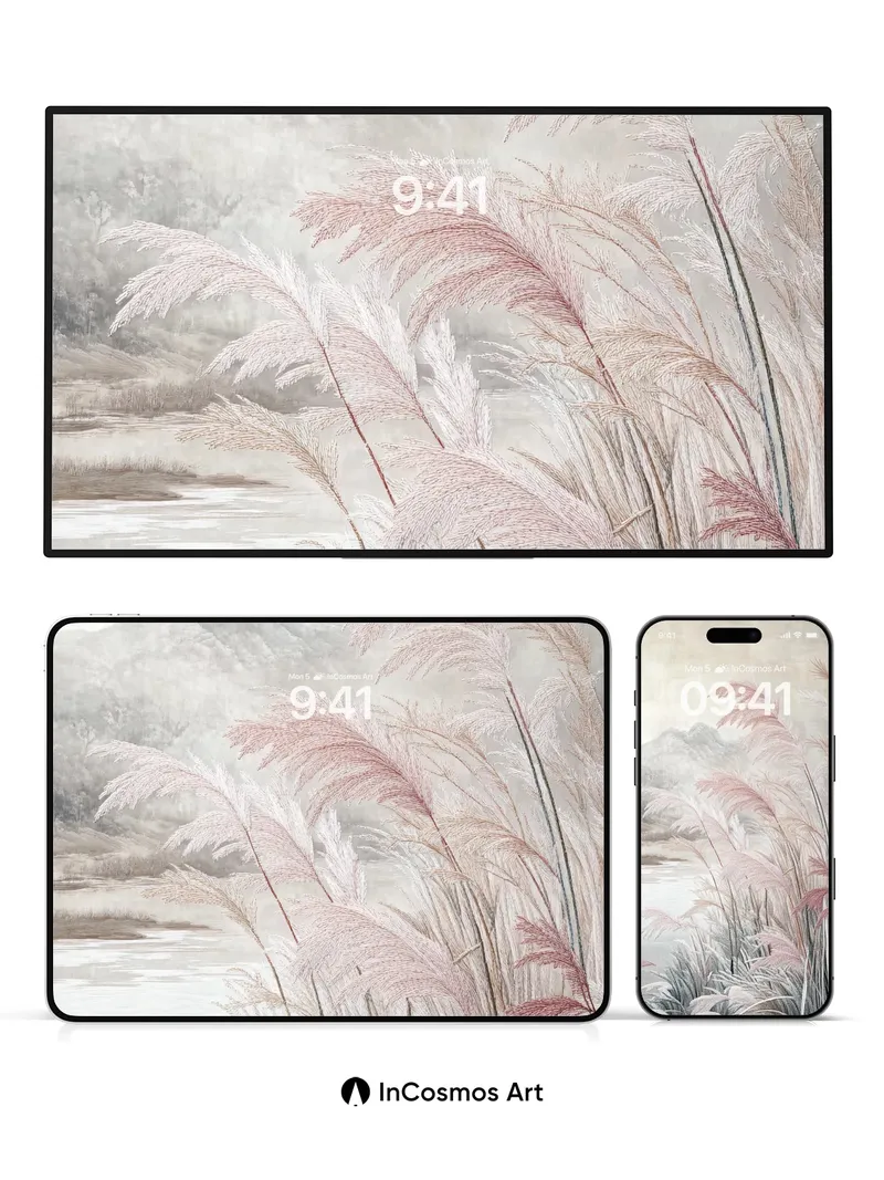 Misty Reed Wallpaper with Soft Mountain Hues