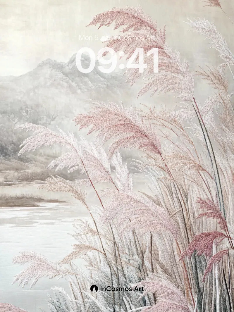 Misty Reed Wallpaper with Soft Mountain Hues