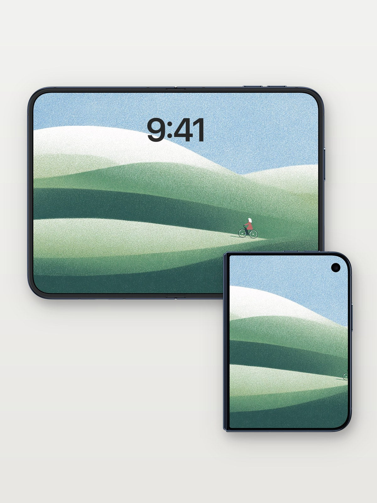 Serenity Ridge Wallpaper with Cyclist Silhouette on iPhone Duo, open and closed