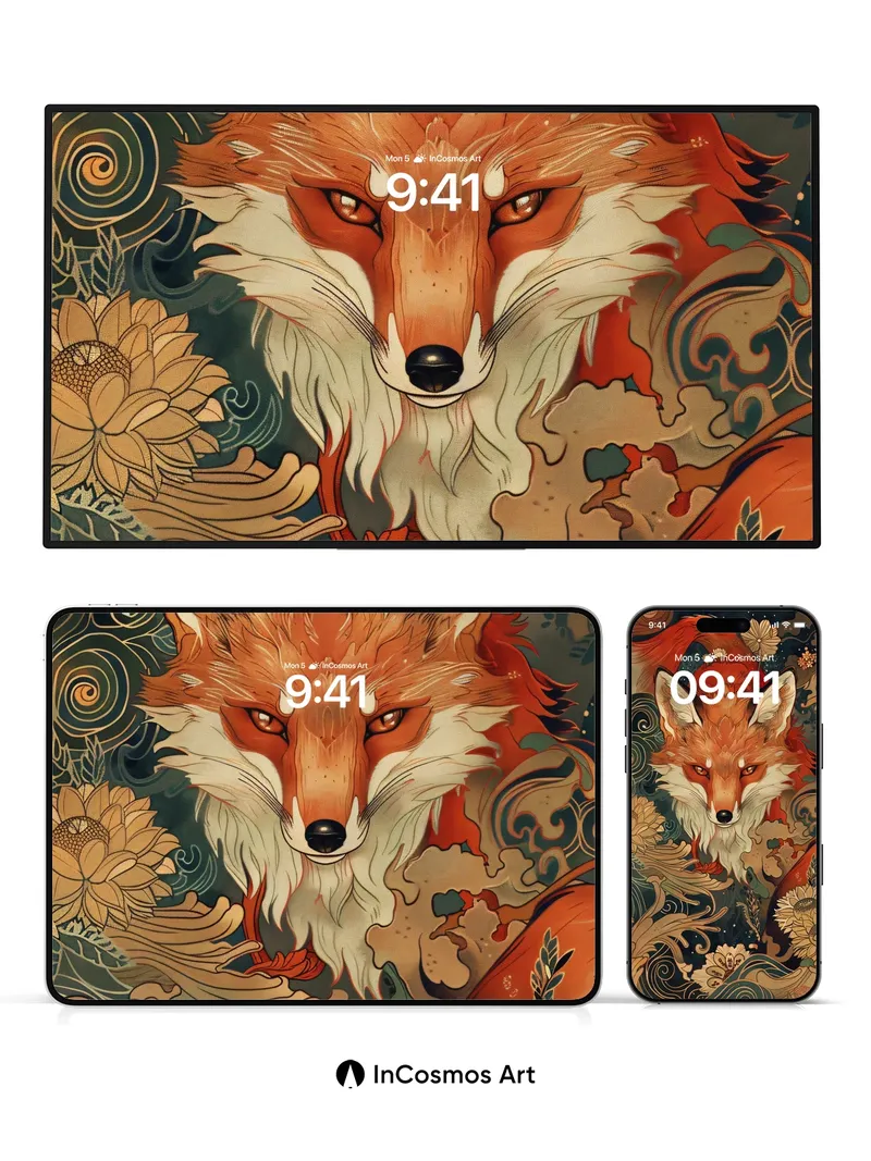 Mythical Fox Wallpaper with Golden Waves
