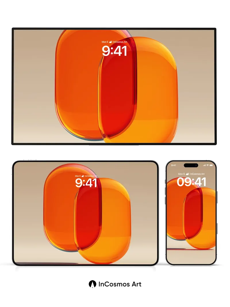 Luminous Orange Glass Wallpaper with Floating Forms