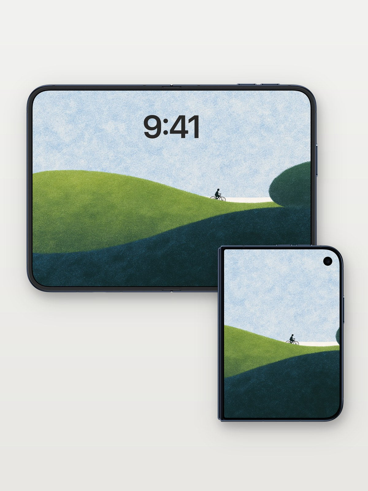 Serenity Ridge Wallpaper with Silent Cyclist on iPhone Duo, open and closed