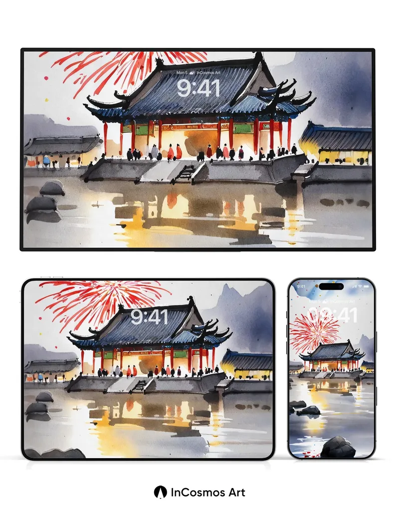 Firework Reverie Wallpaper with Ink-Washed Reflections