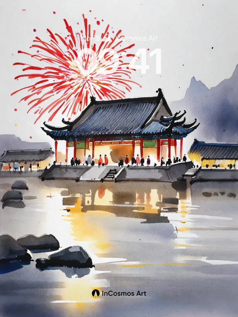 Firework Reverie Wallpaper with Ink-Washed Reflections