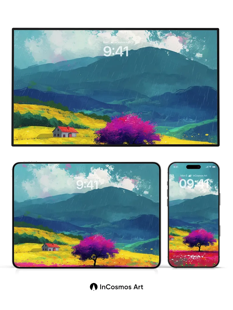 Rain-Kissed Meadow Wallpaper with Purple Bloom