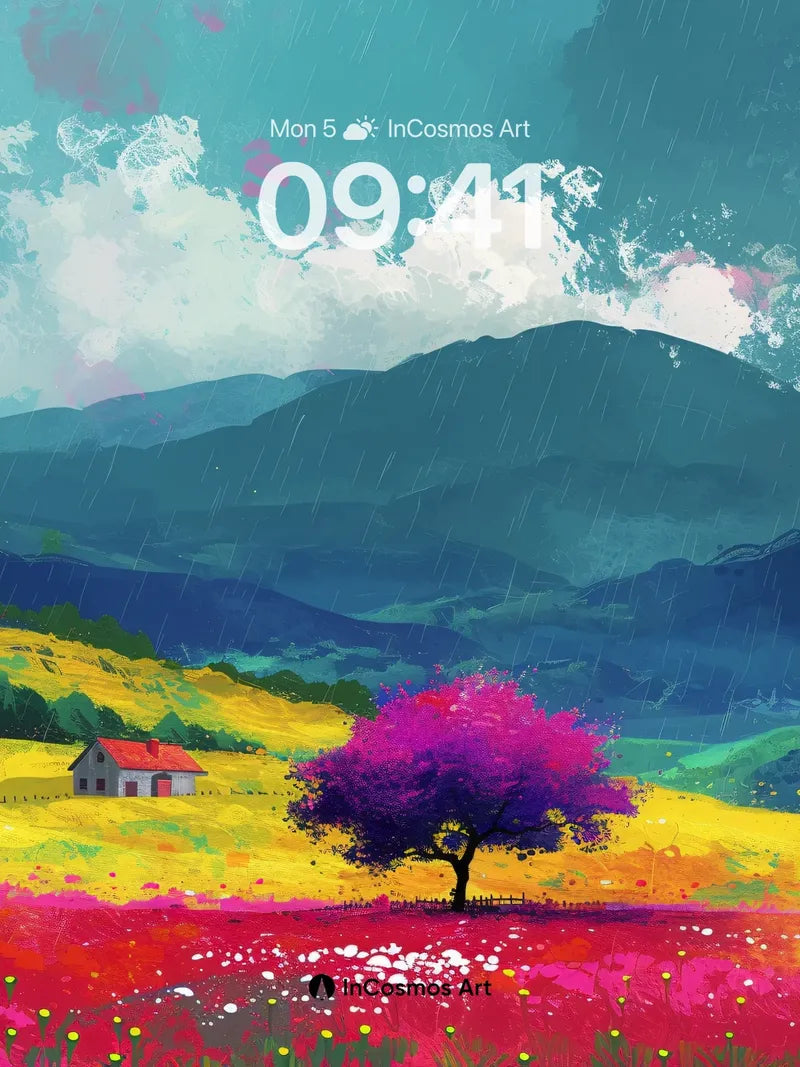 Rain-Kissed Meadow Wallpaper with Purple Bloom