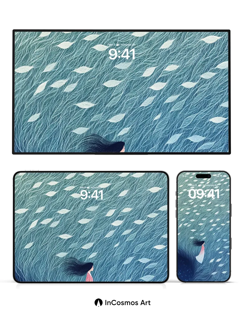 Whispering Tides Wallpaper with Floating Leaves