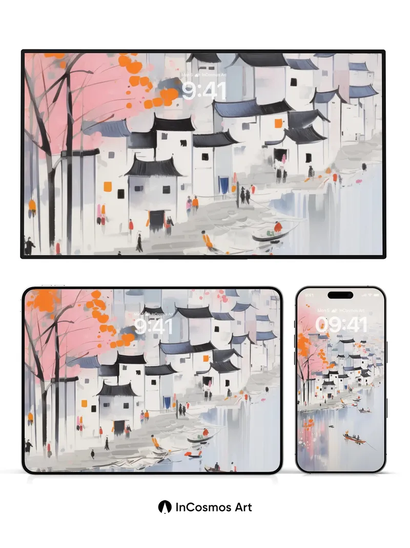 Serene Waterfront Wallpaper with Autumn Hues