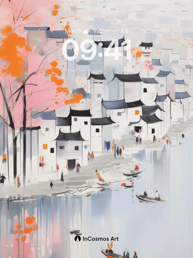 Serene Waterfront Wallpaper with Autumn Hues