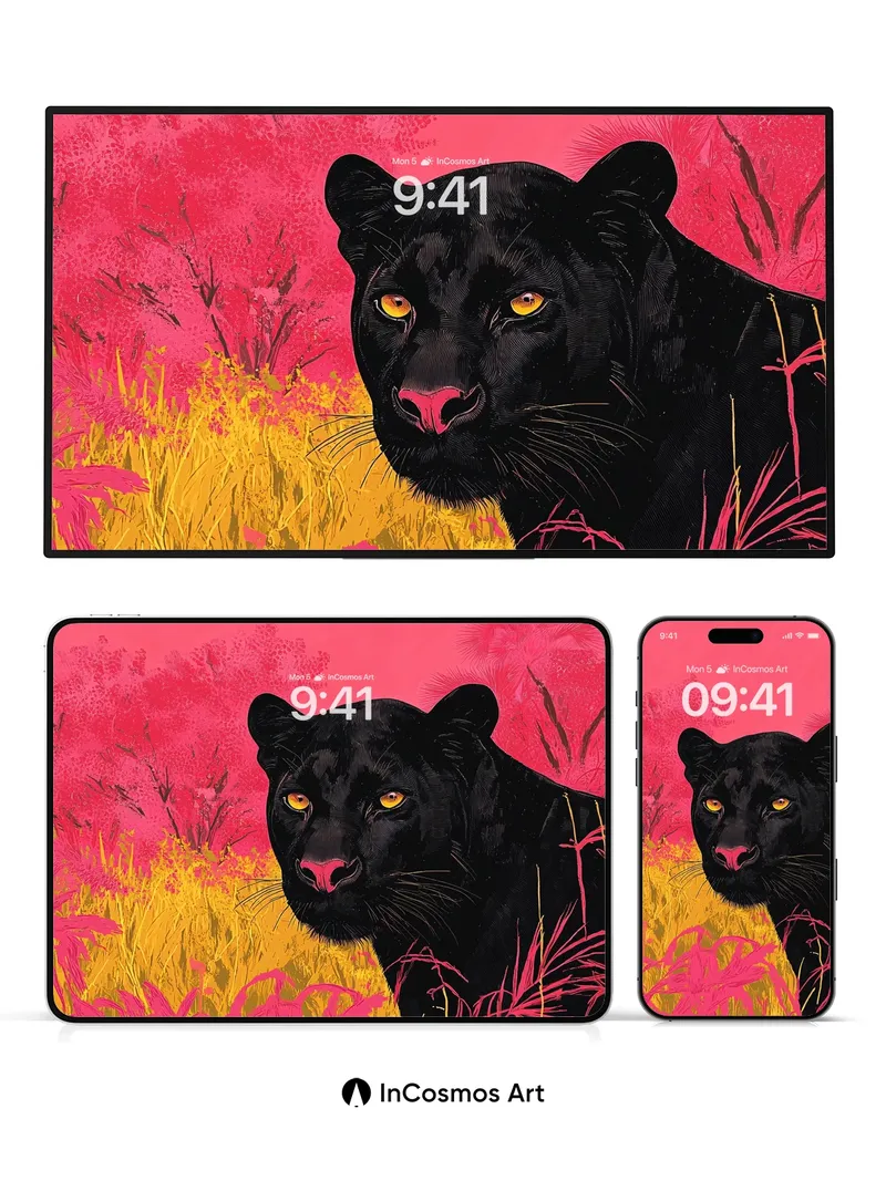 Obsidian Gaze Wallpaper with Neon Grass