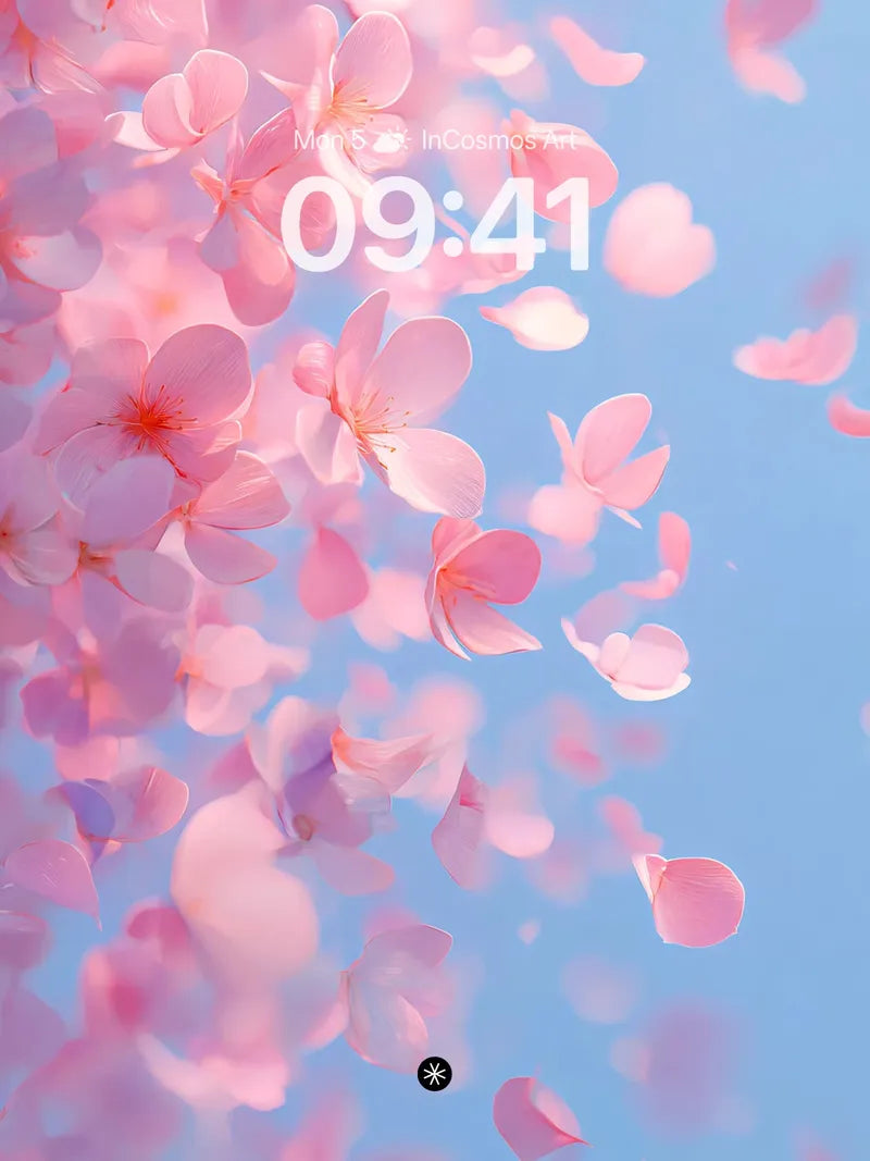 Soft Pink Petal Drift Wallpaper in Sky Blue wallpaper for iPhone, iPad & Mac