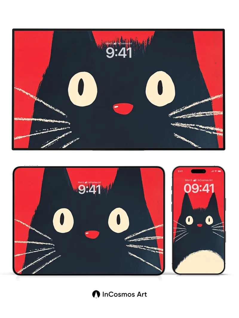 Whimsical Feline Wallpaper with Bold Red Backdrop