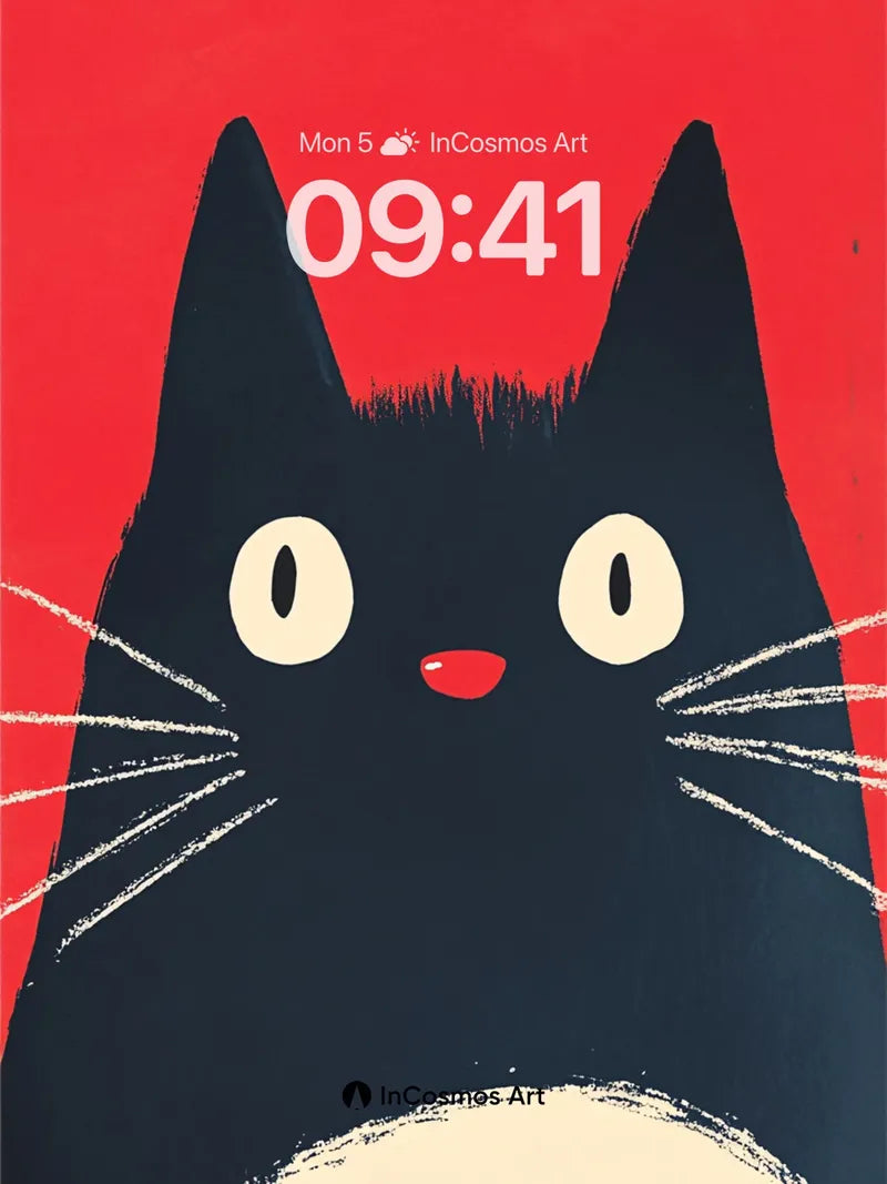 Whimsical Feline Wallpaper with Bold Red Backdrop