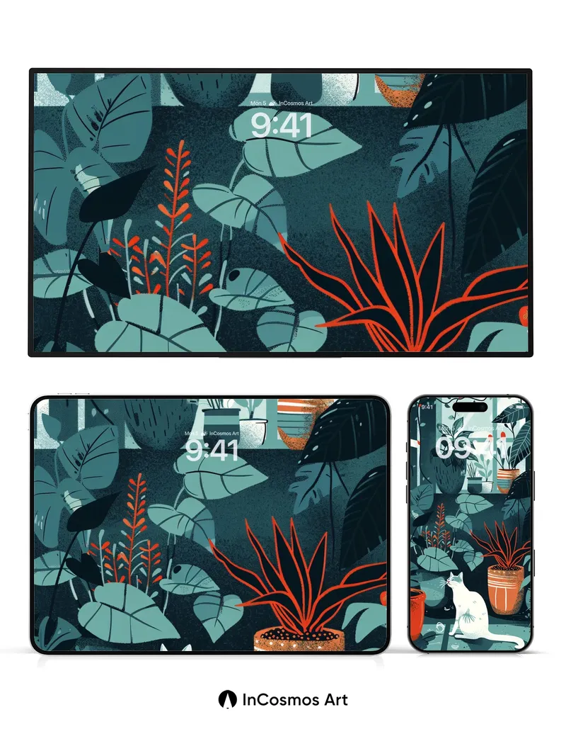 Whispering Leaves Wallpaper with Feline Gaze