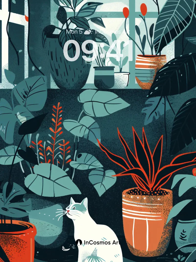 Whispering Leaves Wallpaper with Feline Gaze