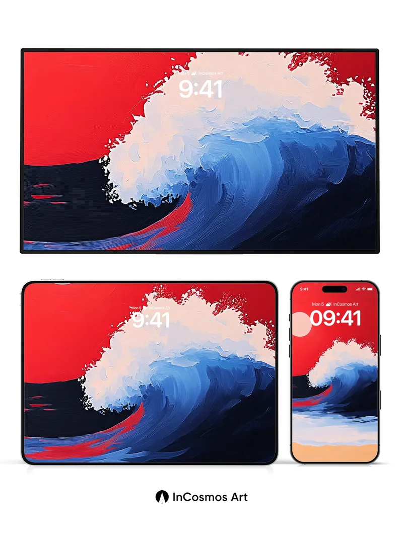 Crimson Horizon Wave Wallpaper with Hokusai Echo