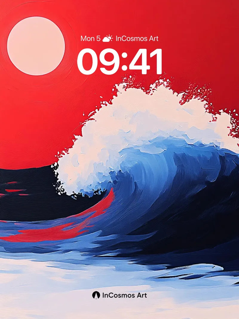 Crimson Horizon Wave Wallpaper with Hokusai Echo