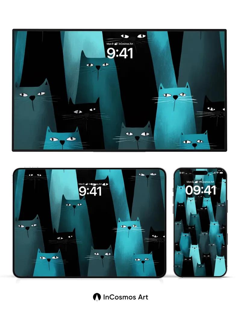 Midnight Feline Wallpaper with Teal Echoes