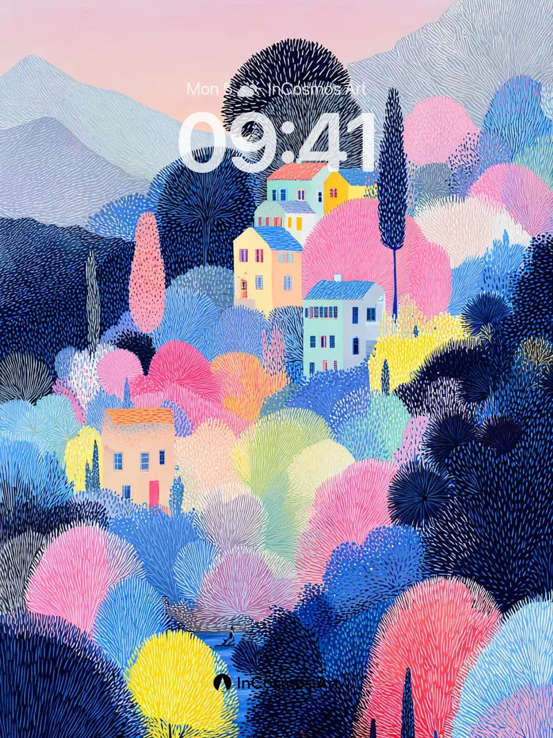 Whimsical Forest Village Wallpaper with Soft Pastels wallpaper for iPhone, iPad & Mac