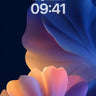 Phone lock-screen preview of sculptural amber, pink and violet petals on dark blue