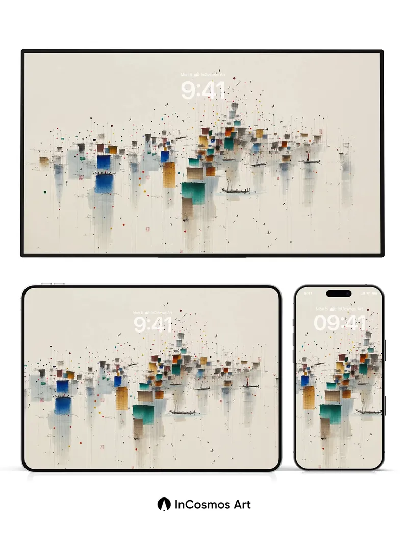 Floating Cityscape Wallpaper with Watercolor Fragments