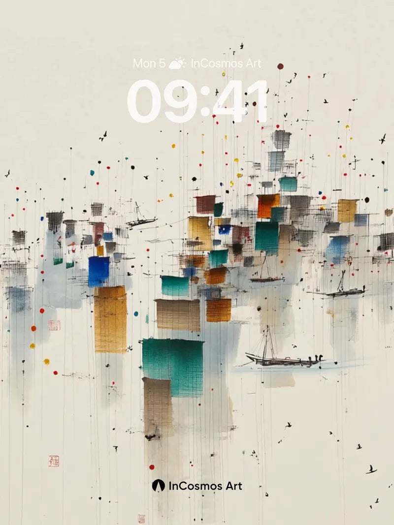 Floating Cityscape Wallpaper with Watercolor Fragments