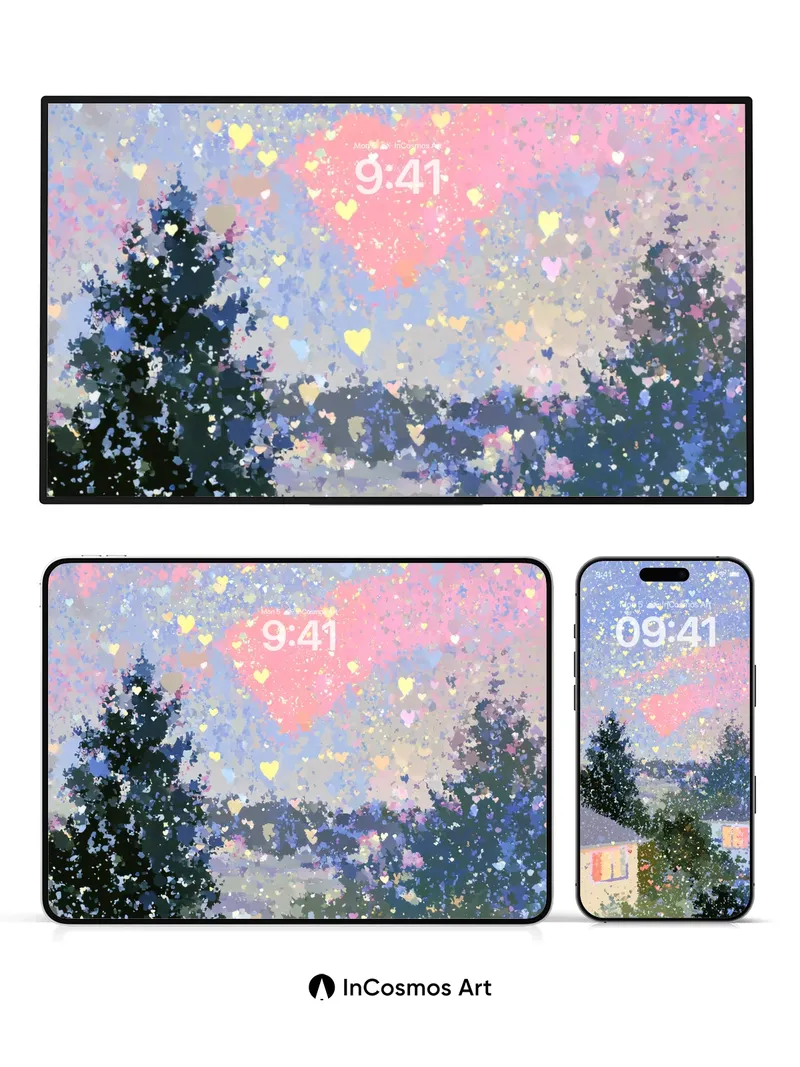 Heartfall Sky Wallpaper with Starlit Trees