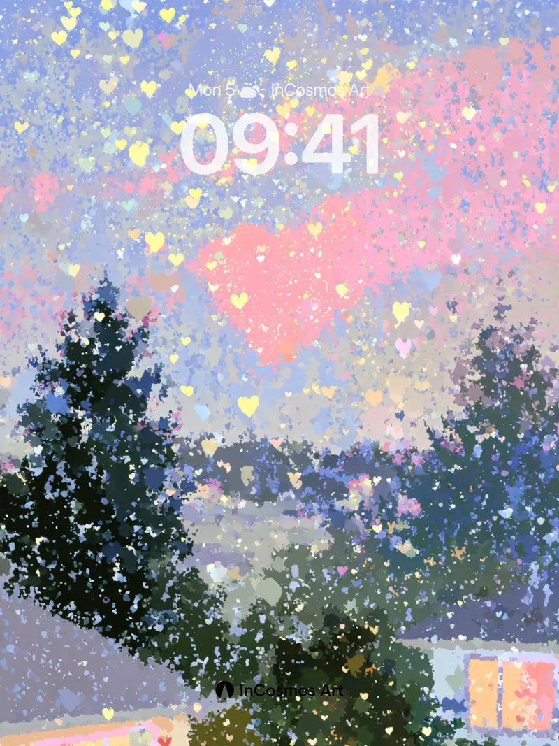 Heartfall Sky Wallpaper with Starlit Trees