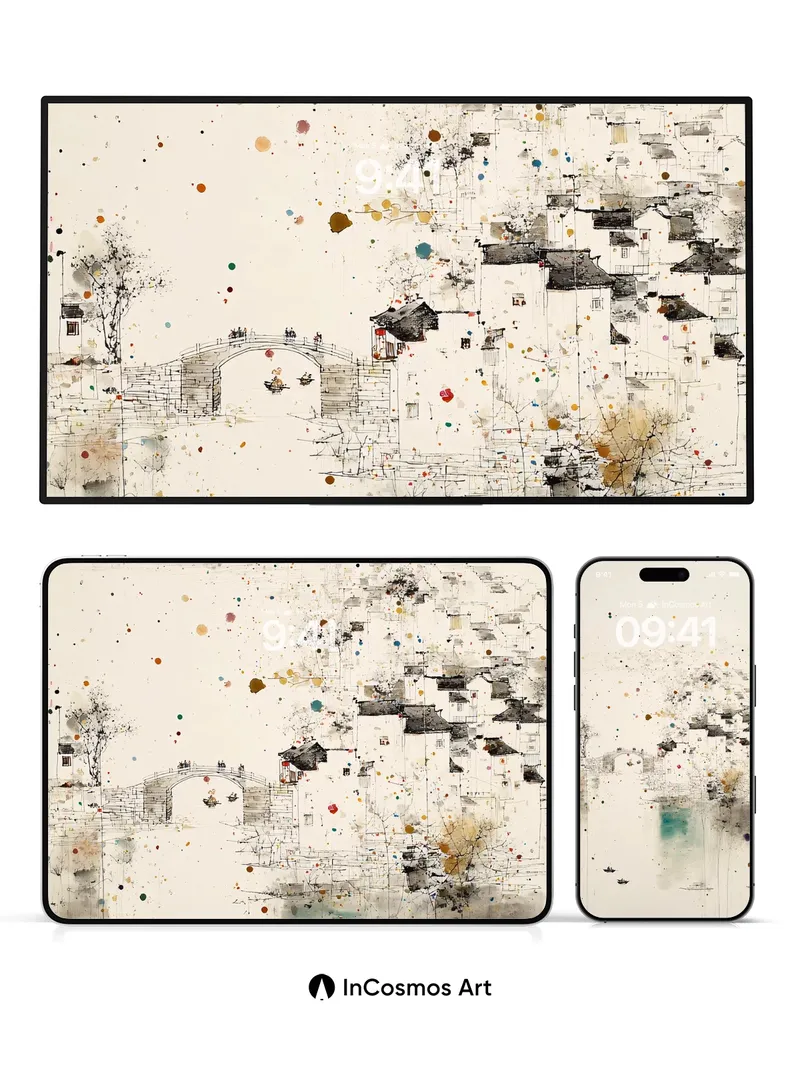 Serene Ink Village Wallpaper with Abstract Splatter