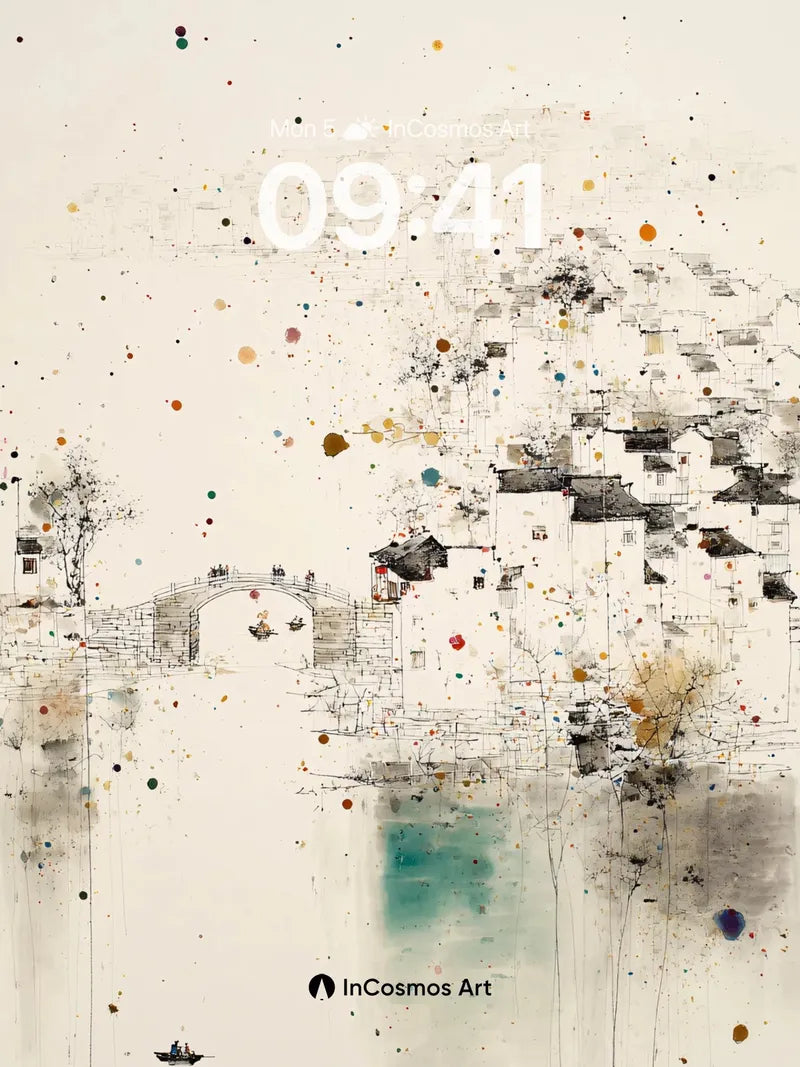 Serene Ink Village Wallpaper with Abstract Splatter