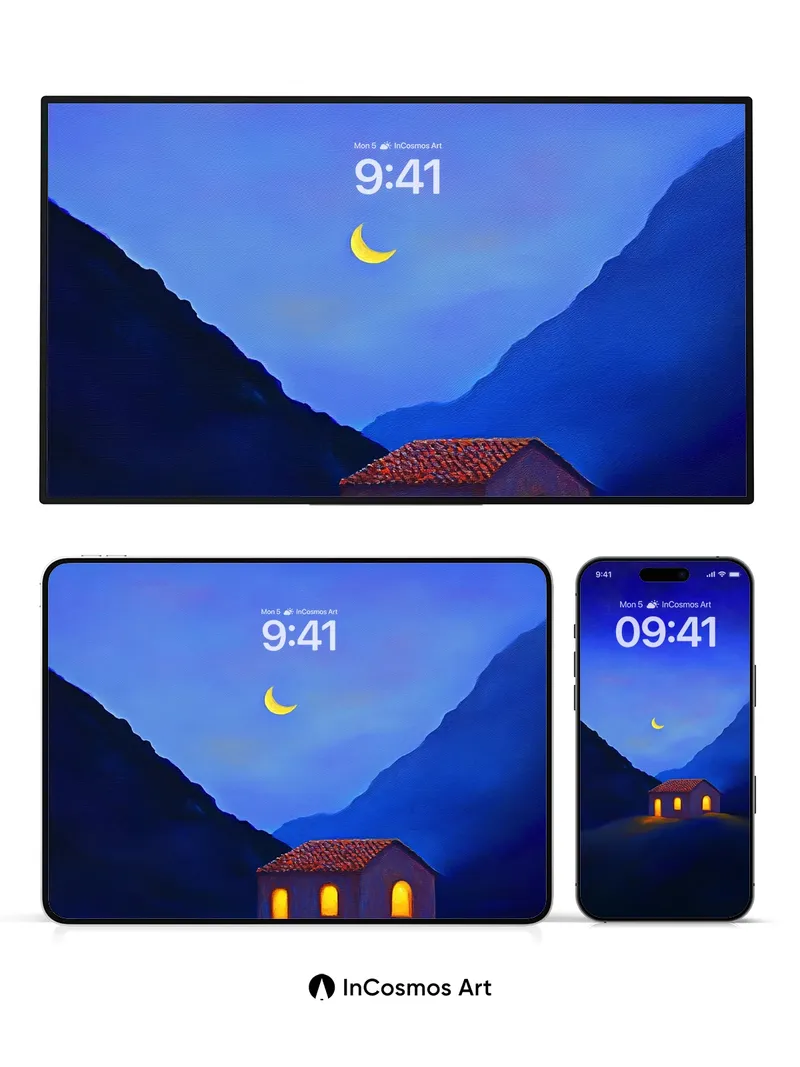 Crescent Hush Wallpaper with Warm Hearth Light