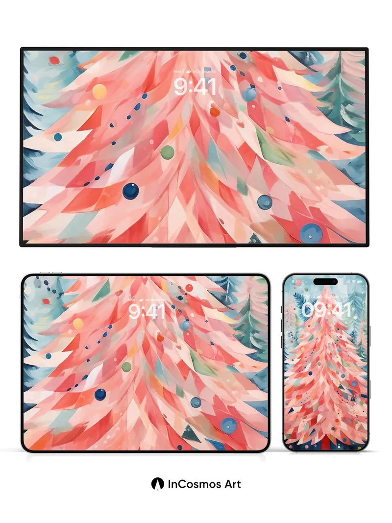 Whispering Coral Tree Wallpaper with Geometric Snowfall