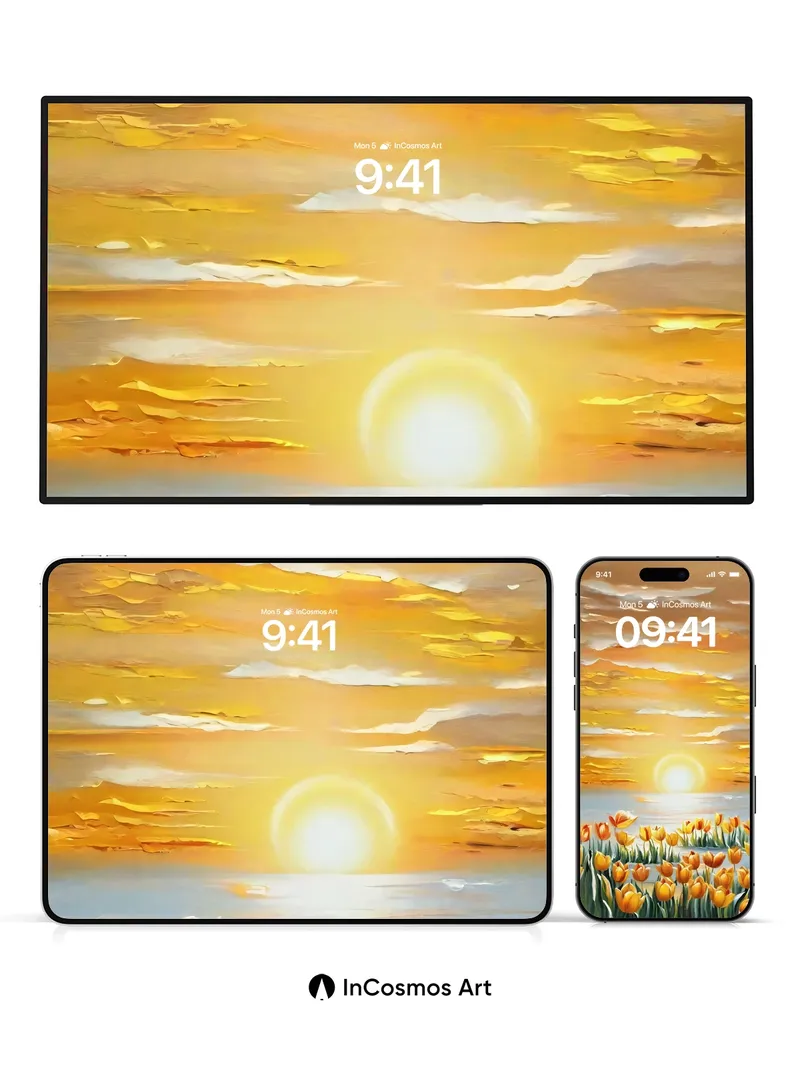 Golden Hour Tulip Field Wallpaper with Sunlit Horizon