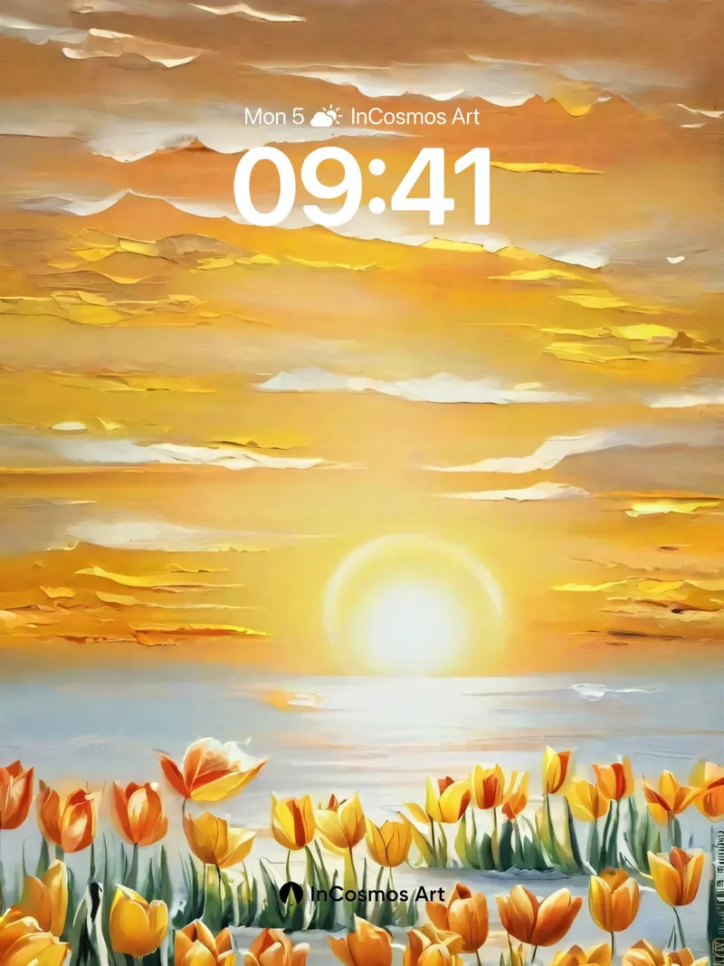 Golden Hour Tulip Field Wallpaper with Sunlit Horizon