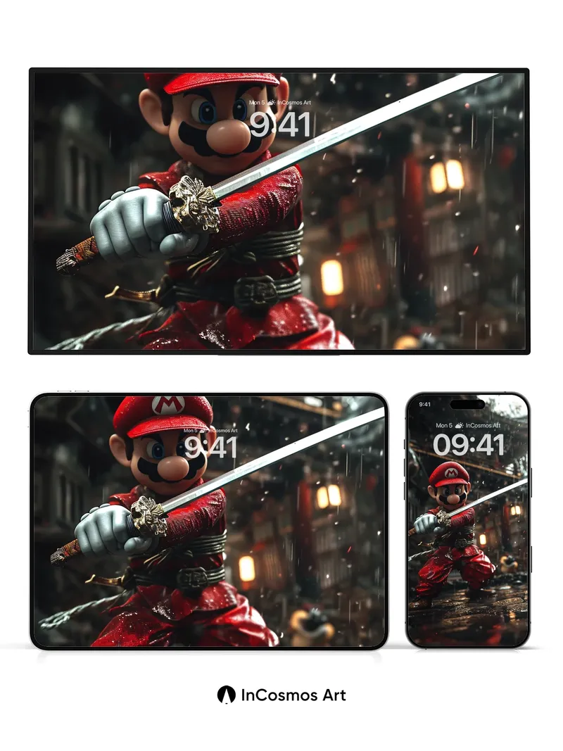 Rain-Slicked Samurai Wallpaper with Mario's Edge