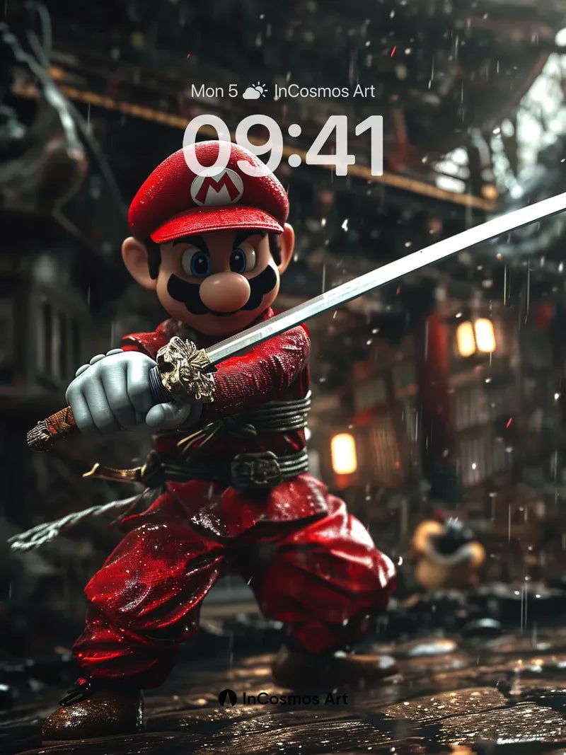 Rain-Slicked Samurai Wallpaper with Mario's Edge