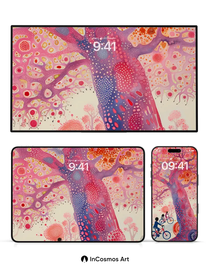 Whimsical Tree Pattern Wallpaper with Cyclists in Motion