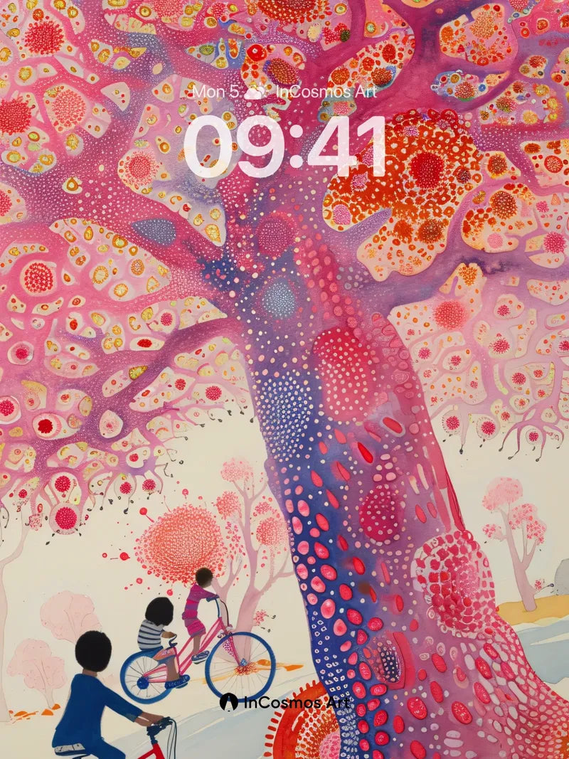 Whimsical Tree Pattern Wallpaper with Cyclists in Motion
