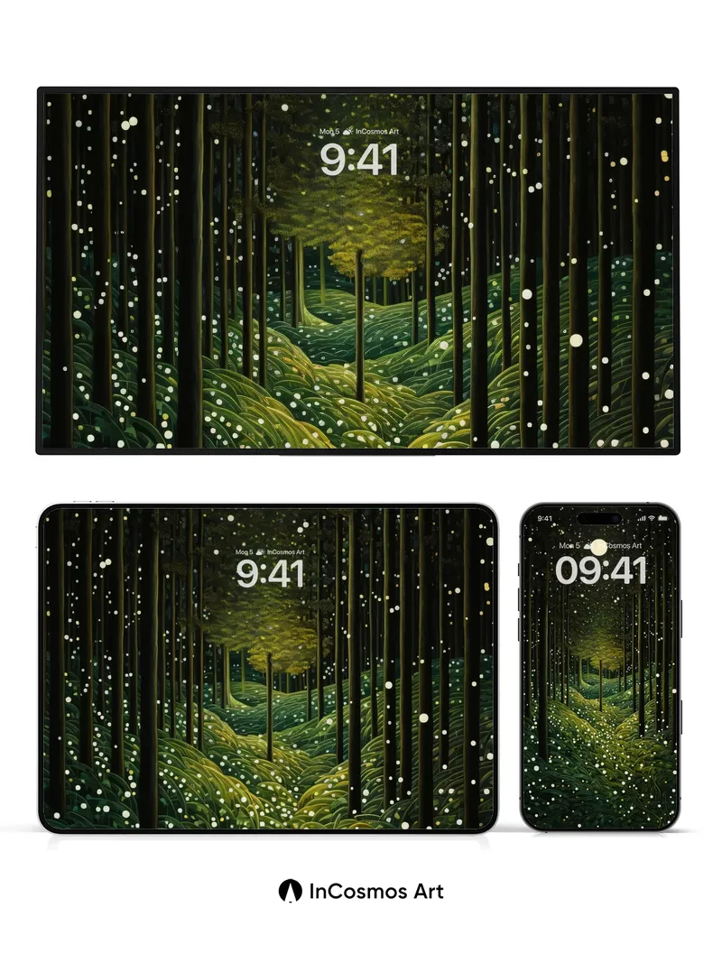 Moonlit Forest Wallpaper with Bioluminescent Path