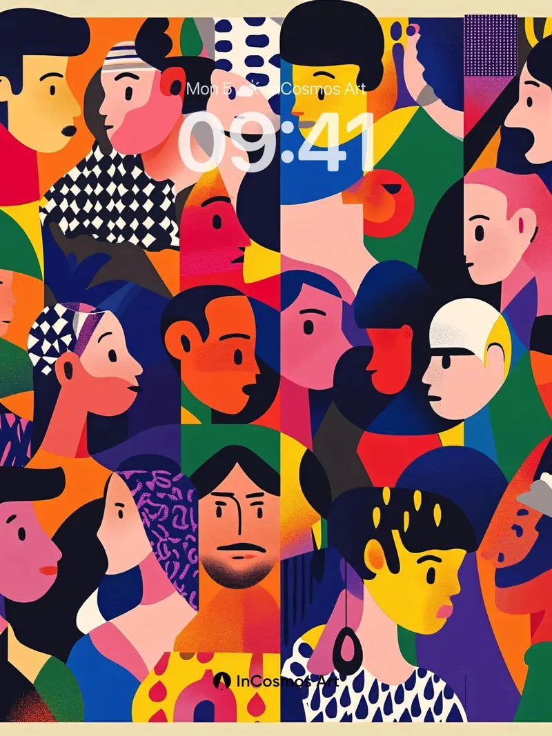 Cubist Crowd Wallpaper with Vibrant Faces wallpaper for iPhone, iPad & Mac