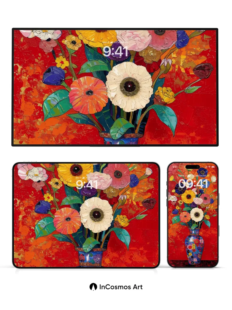 Fiery Bloom Wallpaper with Painted Vase