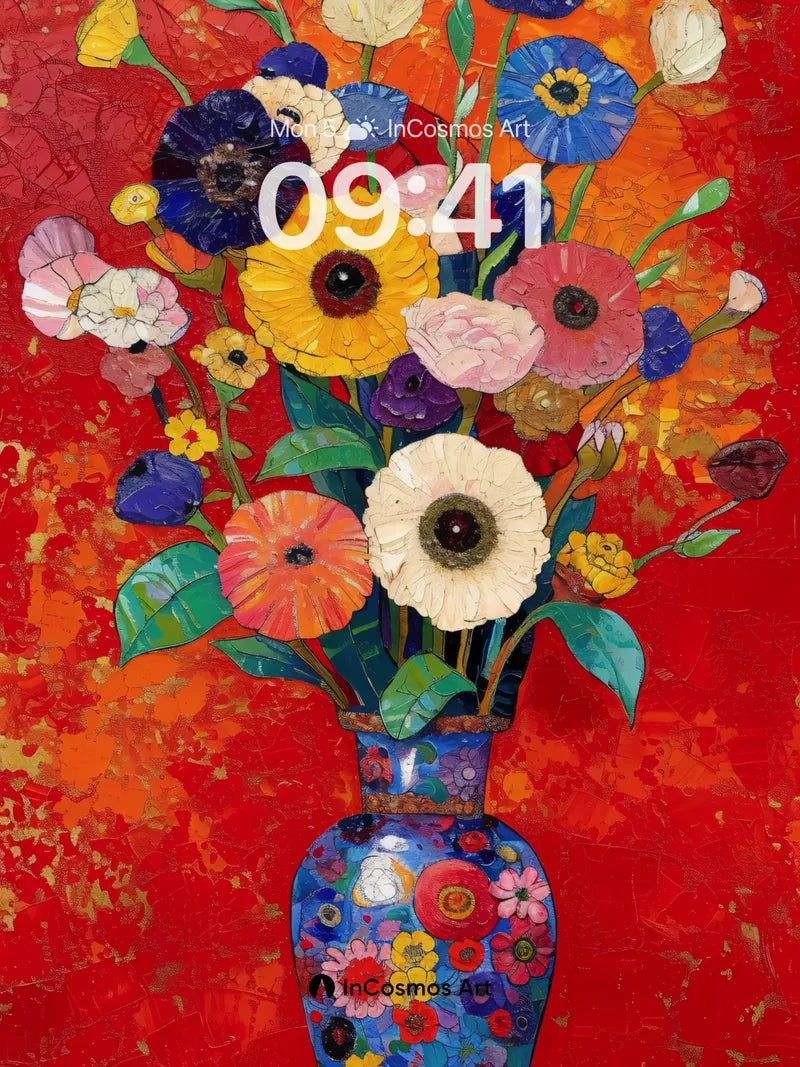 Fiery Bloom Wallpaper with Painted Vase wallpaper for iPhone, iPad & Mac