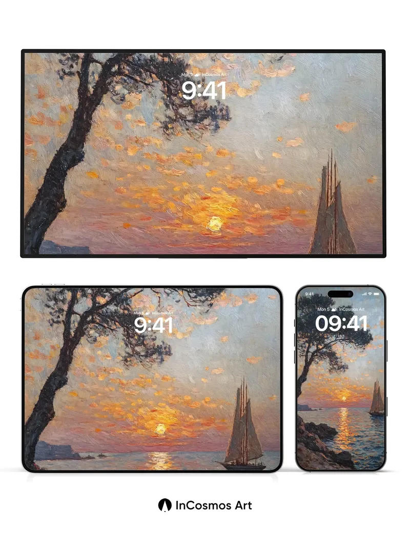 Serenity at Dusk Wallpaper with Pine and Sail